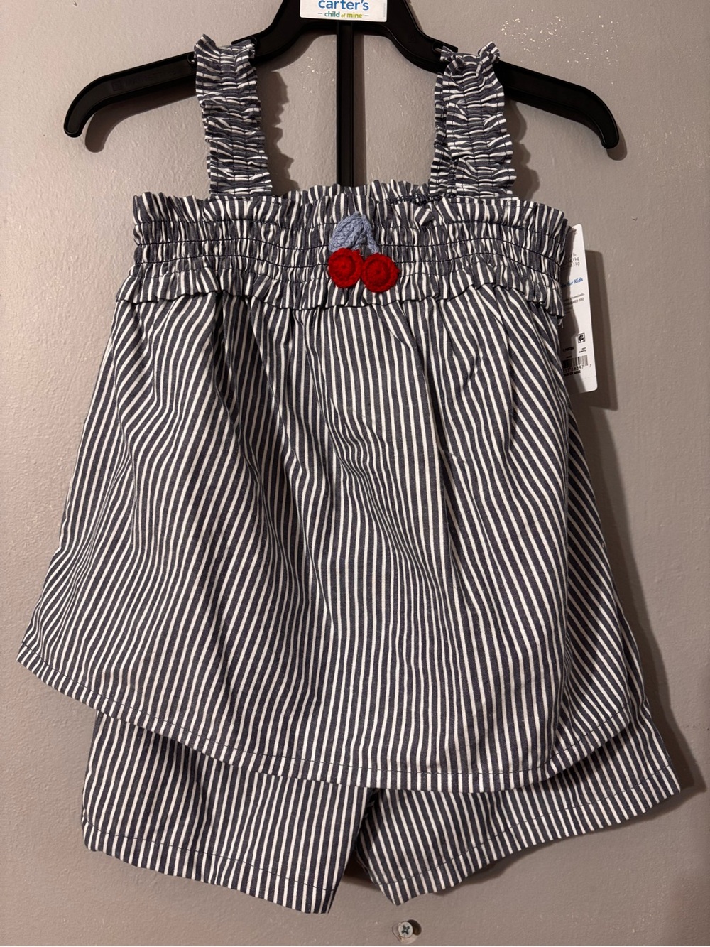 child of mine Navy and White Striped Girls Matching Set with Red Embroidery